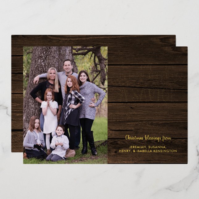 Rustic Wood Christian Verse Christmas Photo Foil Holiday Card (Front/Back)