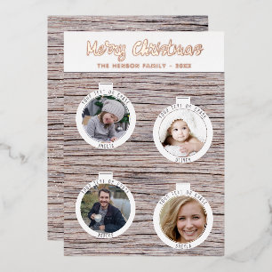 Rustic Wood Christmas Balls Family Photo Collage  Foil Holiday Card