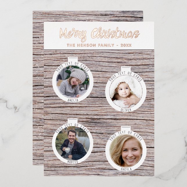 Rustic Wood Christmas Balls Family Photo Collage  Foil Holiday Card (Front/Back)