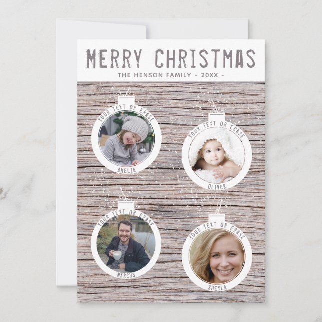 Rustic Wood Christmas Balls Family Photo Collage Holiday Card (Front)