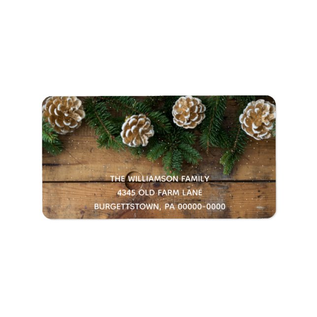 Rustic Wood  Christmas Greenery Pine & Pinecones Label (Front)