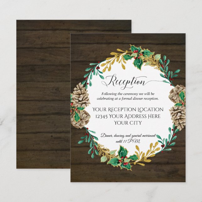 Rustic Wood Christmas Greenery Wedding Reception Invitation (Front/Back)