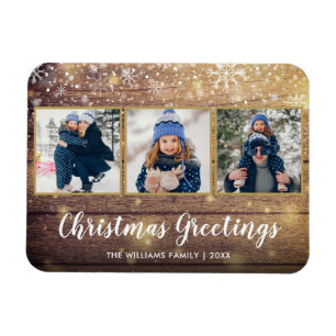 Rustic Wood Christmas Greetings 3 Photo Holiday Magnet