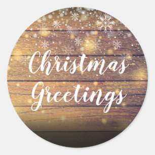 Rustic Wood Christmas Greetings Snowflakes Classic Round Sticker