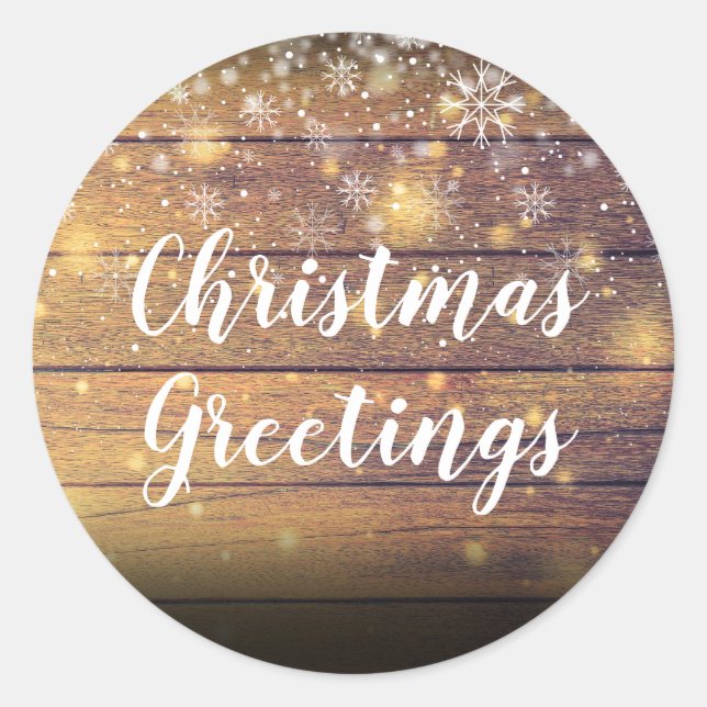Rustic Wood Christmas Greetings Snowflakes Classic Round Sticker (Front)