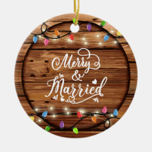 Rustic Wood Christmas Light Merry & Married Photo Ceramic Tree Decoration