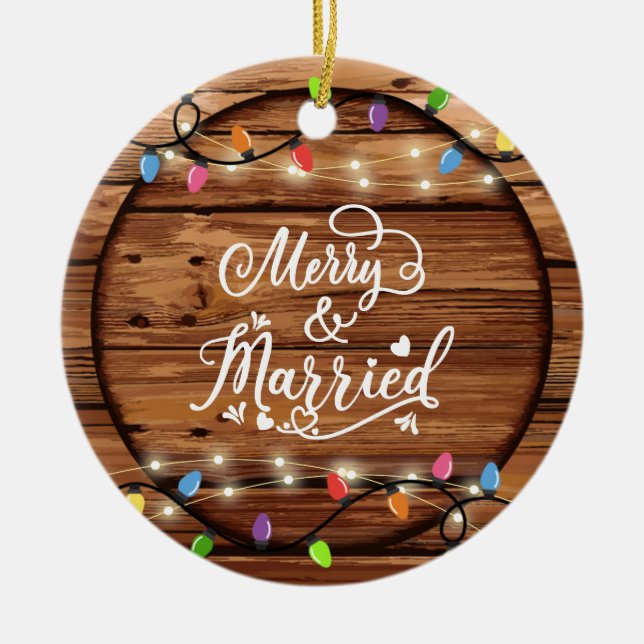 Rustic Wood Christmas Light Merry & Married Photo Ceramic Tree Decoration (Front)