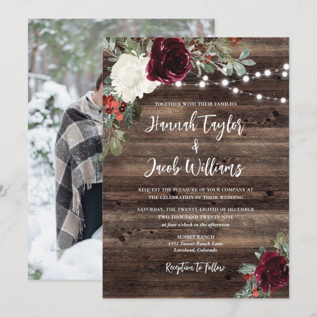 Rustic Wood Christmas Photo String Lights Invitation (Front/Back)
