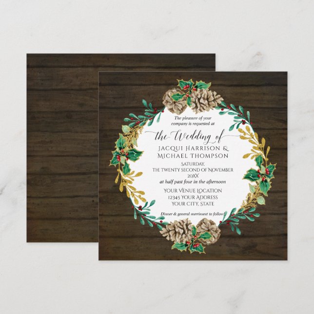Rustic Wood Christmas Pine Cone Greenery Wedding Invitation (Front/Back)