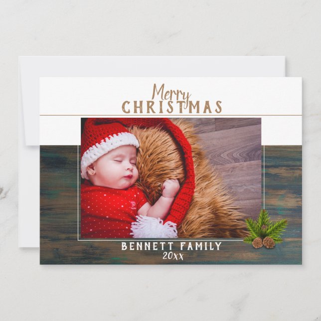 Rustic Wood Christmas Pine Holiday Photo Card (Front)