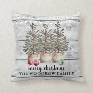 Rustic Wood Christmas Pine Trees String Lights Cushion
