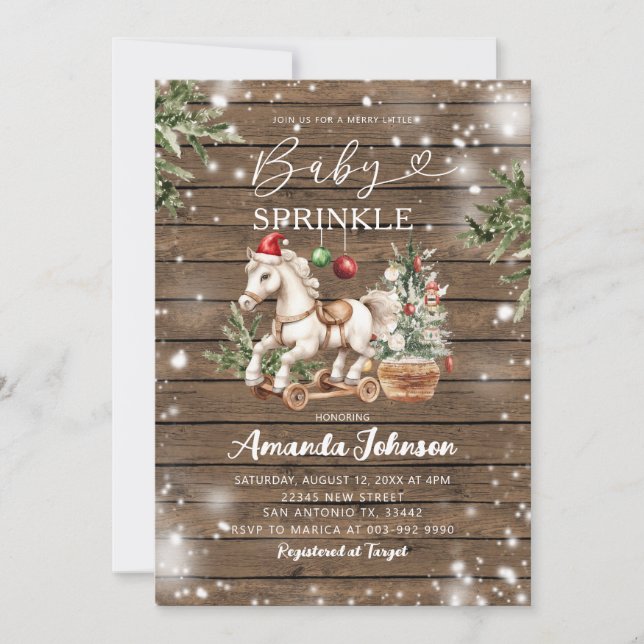 Rustic Wood Christmas Rocking Horse Baby Sprinkle Invitation (Front)