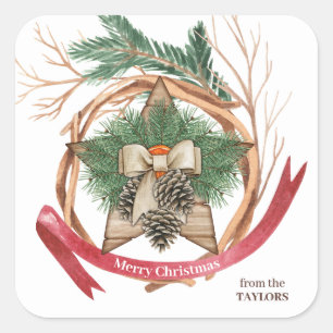 Rustic Wood Christmas Star Twig Wreath Square Sticker