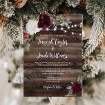 Rustic Wood Christmas String Lights Wedding  Invitation<br><div class="desc">This Rustic Wood Christmas winter wedding invitation is perfect for an elegant barn holiday wedding. The design features beautiful watercolor white and burgundy florals with pine, holy berry and eucalyptus greenery on a wood background. This is a perfect colour scheme for a winter wedding. Make this invitation your own by...</div>
