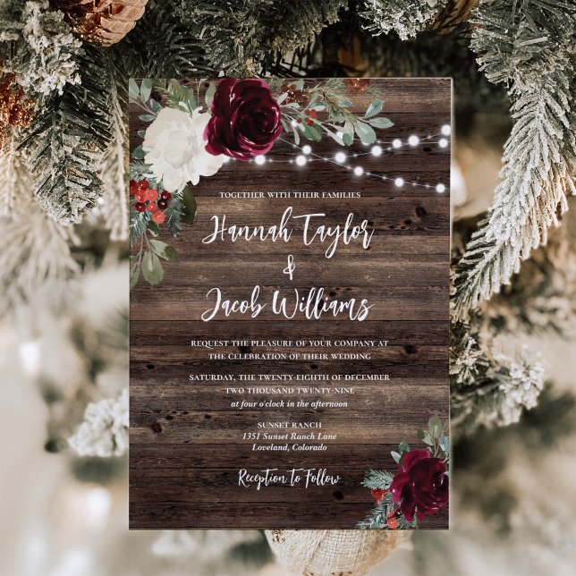 Rustic Wood Christmas String Lights Wedding  Invitation (Creator Uploaded)