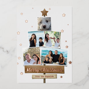 Rustic Wood Christmas Tree   5 Photos Collage Foil Holiday Card