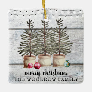 Rustic Wood Christmas Trees Family Name Holiday Ceramic Ornament