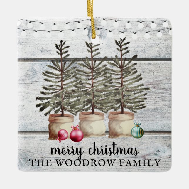 Rustic Wood Christmas Trees Family Name Holiday Ceramic Ornament (Front)