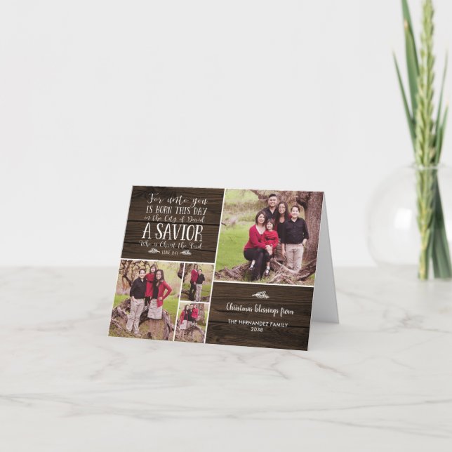 Rustic Wood Christmas Verse Holiday Photo Card (Front)