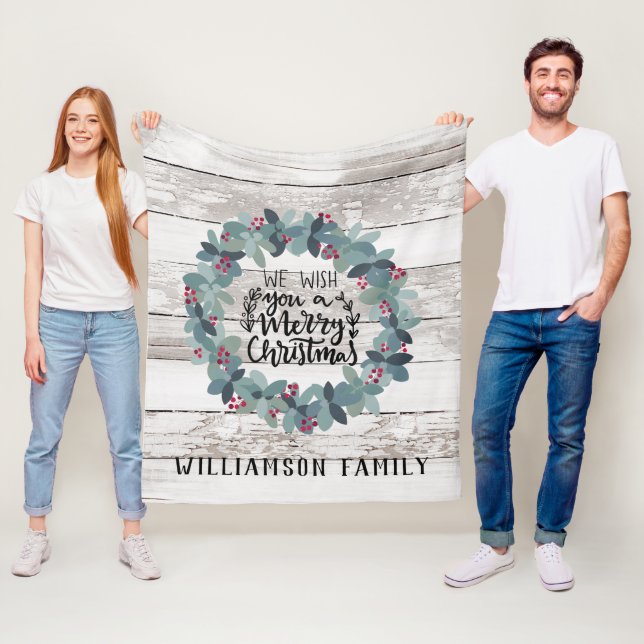 Rustic Wood Christmas Wreath Family Name Fleece Blanket (In Situ)