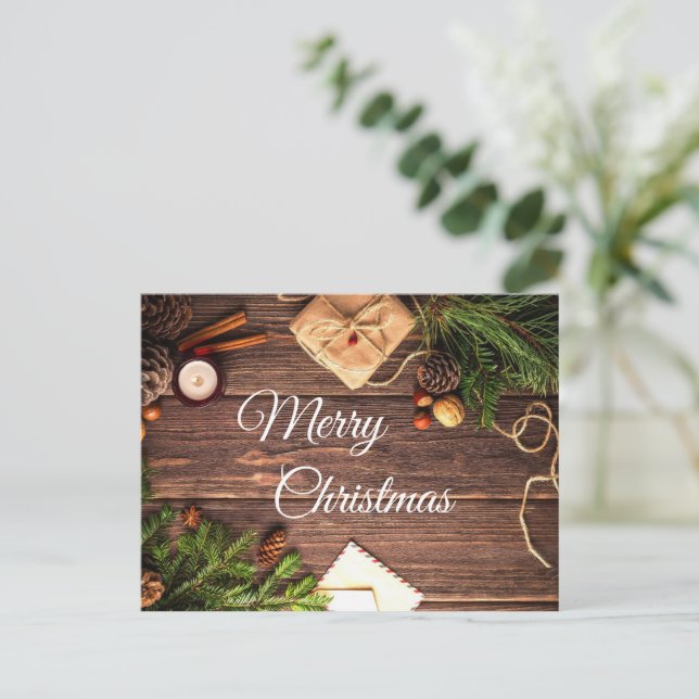 Rustic Wood Cinnamon Merry Christmas Greeting Postcard (Standing Front)