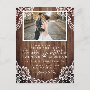 Rustic Wood & Classy Lace Wedding Photo Invitation Postcard
