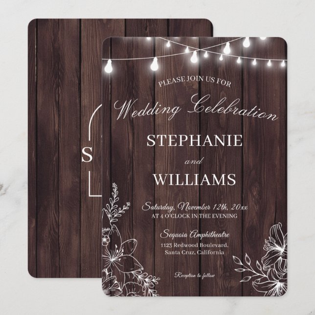 Rustic Wood & Clear Acrylic Floral Wedding Invitation (Front/Back)