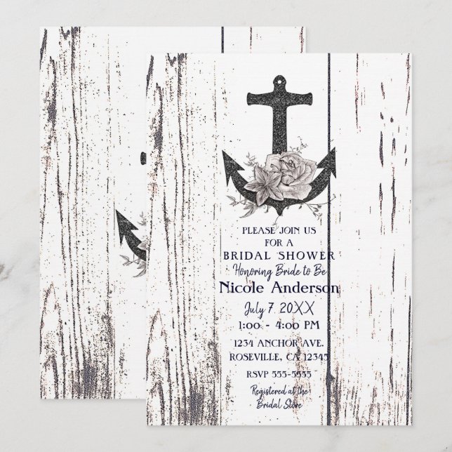 Rustic Wood Coastal Beach Anchor Bridal Shower Invitation (Front/Back)