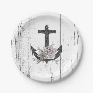 Rustic Wood Coastal Beach Anchor Vintage Floral Paper Plate