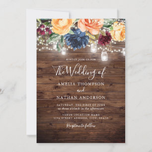 Rustic Wood Color Floral Lights Wedding Invitation