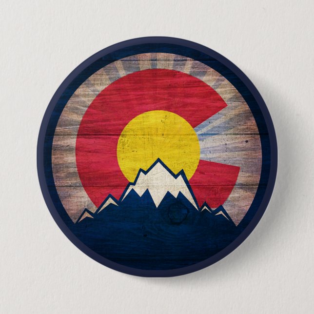 Rustic wood Colorado flag mountains pin button (Front)