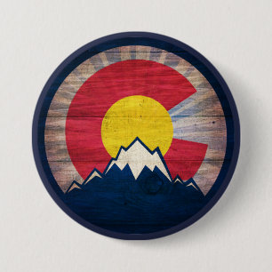 Rustic wood Colorado flag mountains pin button