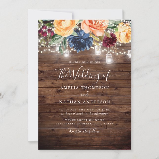 Rustic Wood Colour Floral Lights Wedding Invitation (Front)