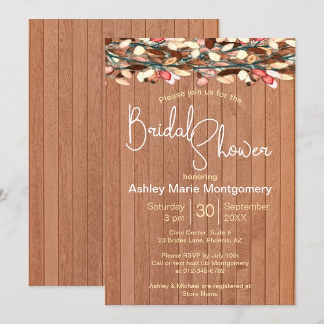Rustic Wood Colourful Leaves Bridal Shower Invitation (Front/Back)