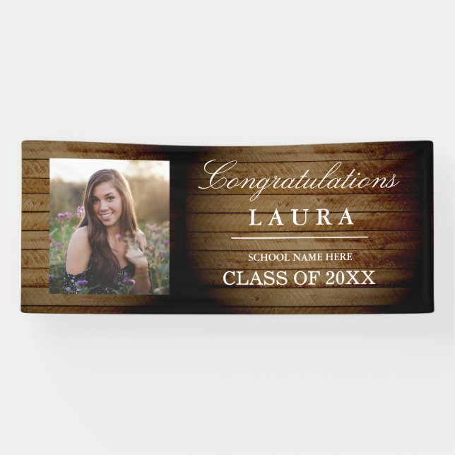 Rustic Wood Congrats Grad Graduation Photo Banner (Horizontal)