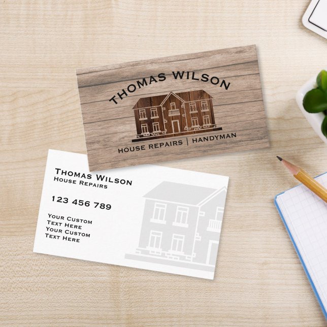 Rustic Wood Construction Handyman Carpenter Tools Business Card (RUSTIC HOUSE ON THE WOOD TEXTURE BACKGROUND HOME REPAIR BUSINESS CARD)
