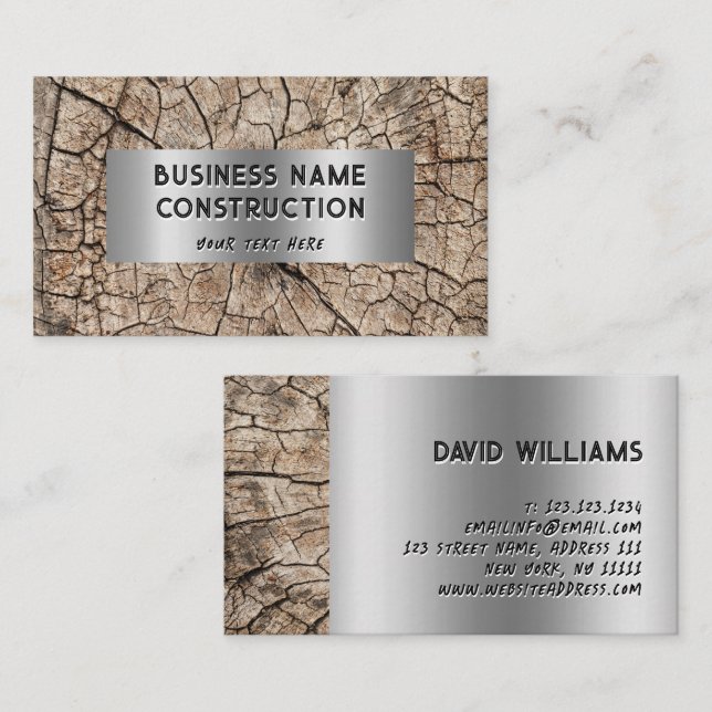 Rustic Wood Construction Silver Metallic Business Card (Front/Back)