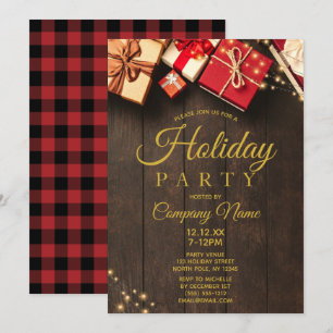 Rustic Wood Corporate Gold Holiday Christmas Party Invitation