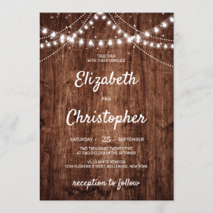 Rustic wood country boho String Lights wedding Invitation