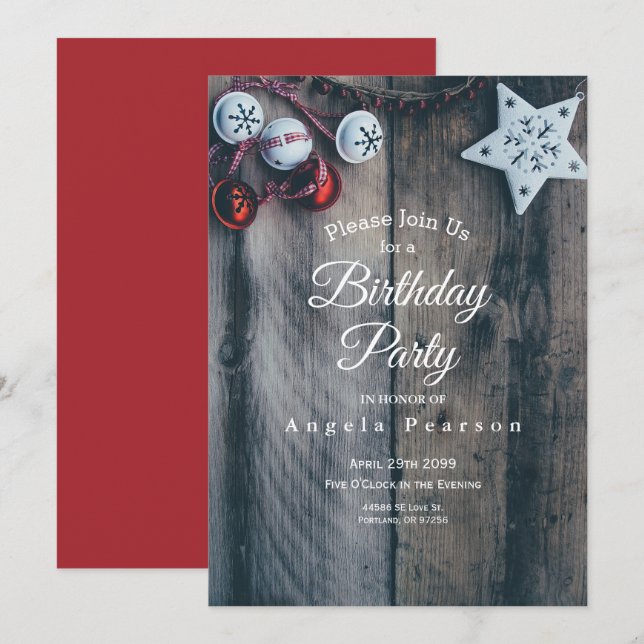 Rustic Wood Country Christmas Bells Birthday Invitation (Front/Back)