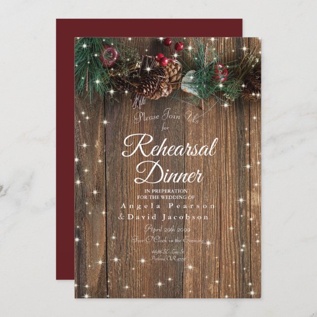 Rustic Wood Country Christmas Pine Garland Sparkle Invitation (Front/Back)