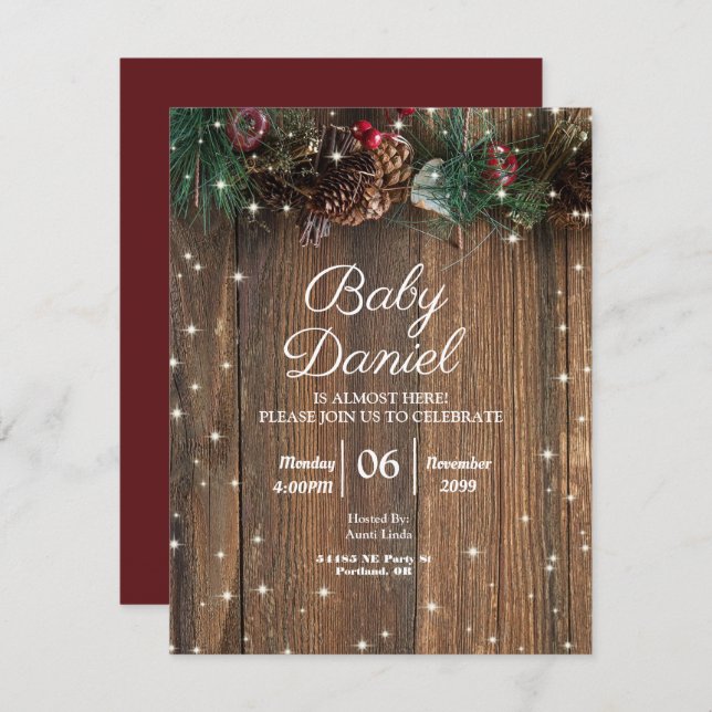 Rustic Wood Country Christmas Pine Garland Sparkle Invitation (Front/Back)