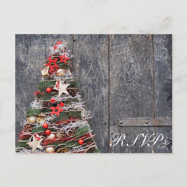 Rustic Wood Country Christmas Tree Red Gold Invitation Postcard (Front)