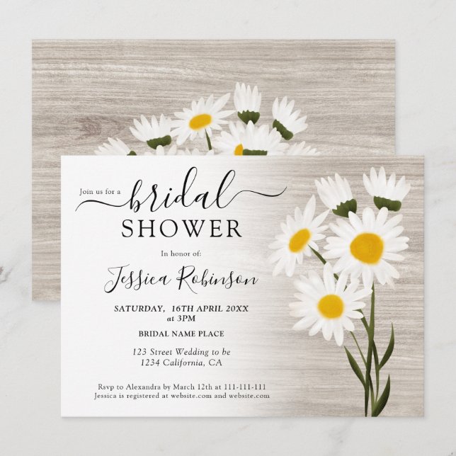 Rustic wood country daisy flowers bridal shower invitation (Front/Back)