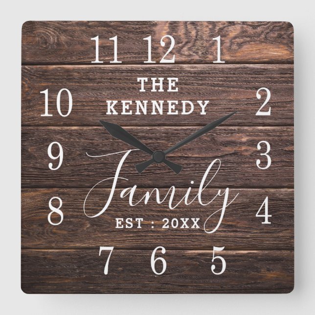 Rustic Wood Country Farmhouse Family Name Square Wall Clock (Front)