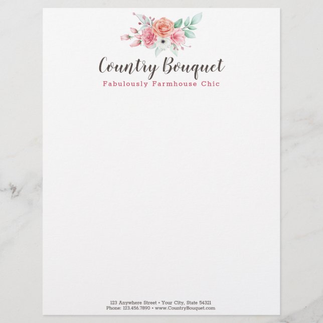 Rustic Wood Country Farmhouse Floral Rose Boutique Custom Letterhead (Front)