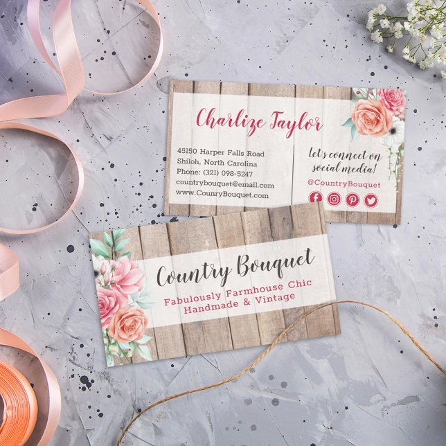 Rustic Wood Country Farmhouse Floral Social Media Business Card (Creator Uploaded)