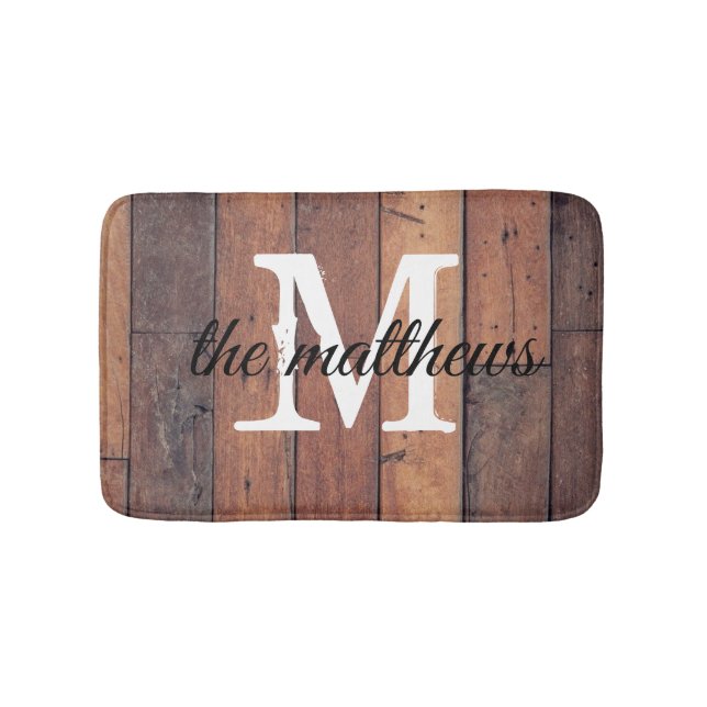 Rustic Wood Country Farmhouse Monogram Bath Mat (Front)