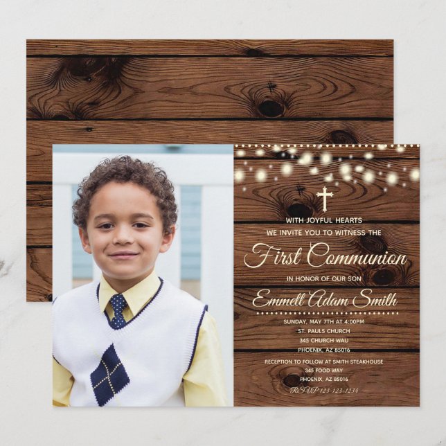 Rustic Wood Country First 1st Communion Boy Girl Invitation (Front/Back)