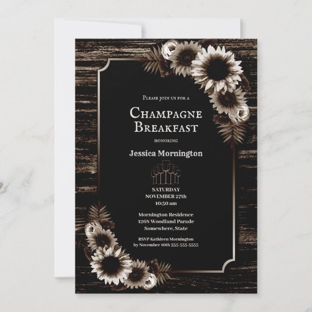 Rustic Wood Country Floral Champagne Breakfast Invitation (Front)